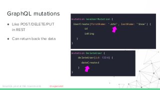 GraphQL mutations
● Like POST/DELETE/PUT
in REST
● Can return back the data
mutation newUserMutation {
UserCreate(firstName: "John", lastName: "Snow") {
id
isKing
}
}
mutation DeleteUser {
deleteUser(id: 1234) {
dateCreated
}
}
GraphQL pilot at ING Investments @legkoletat
 