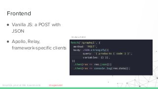 Frontend
● Vanilla JS: a POST with
JSON
● Apollo, Relay,
framework-speciﬁc clients
fetch('/graphql', {
method: 'POST',
body: JSON.stringify({
query: '{ products { code } }',
variables: {} }),
})
.then(res => res.json())
.then(res => console.log(res.data));
GraphQL pilot at ING Investments
/index.html
@legkoletat
 
