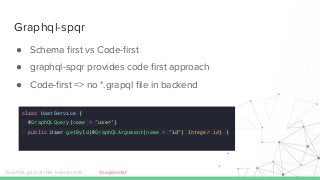 Graphql-spqr
● Schema ﬁrst vs Code-ﬁrst
● graphql-spqr provides code ﬁrst approach
● Code-ﬁrst => no *.grapql ﬁle in backend
GraphQL pilot at ING Investments
class UserService {
@GraphQLQuery(name = "user")
public User getById(@GraphQLArgument(name = "id") Integer id) {
@legkoletat
 
