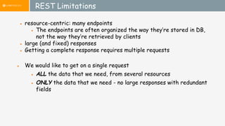 REST Limitations
● resource-centric: many endpoints
● The endpoints are often organized the way they’re stored in DB,
not the way they’re retrieved by clients
● large (and fixed) responses
● Getting a complete response requires multiple requests
● We would like to get on a single request
● ALL the data that we need, from several resources
● ONLY the data that we need - no large responses with redundant
fields
 