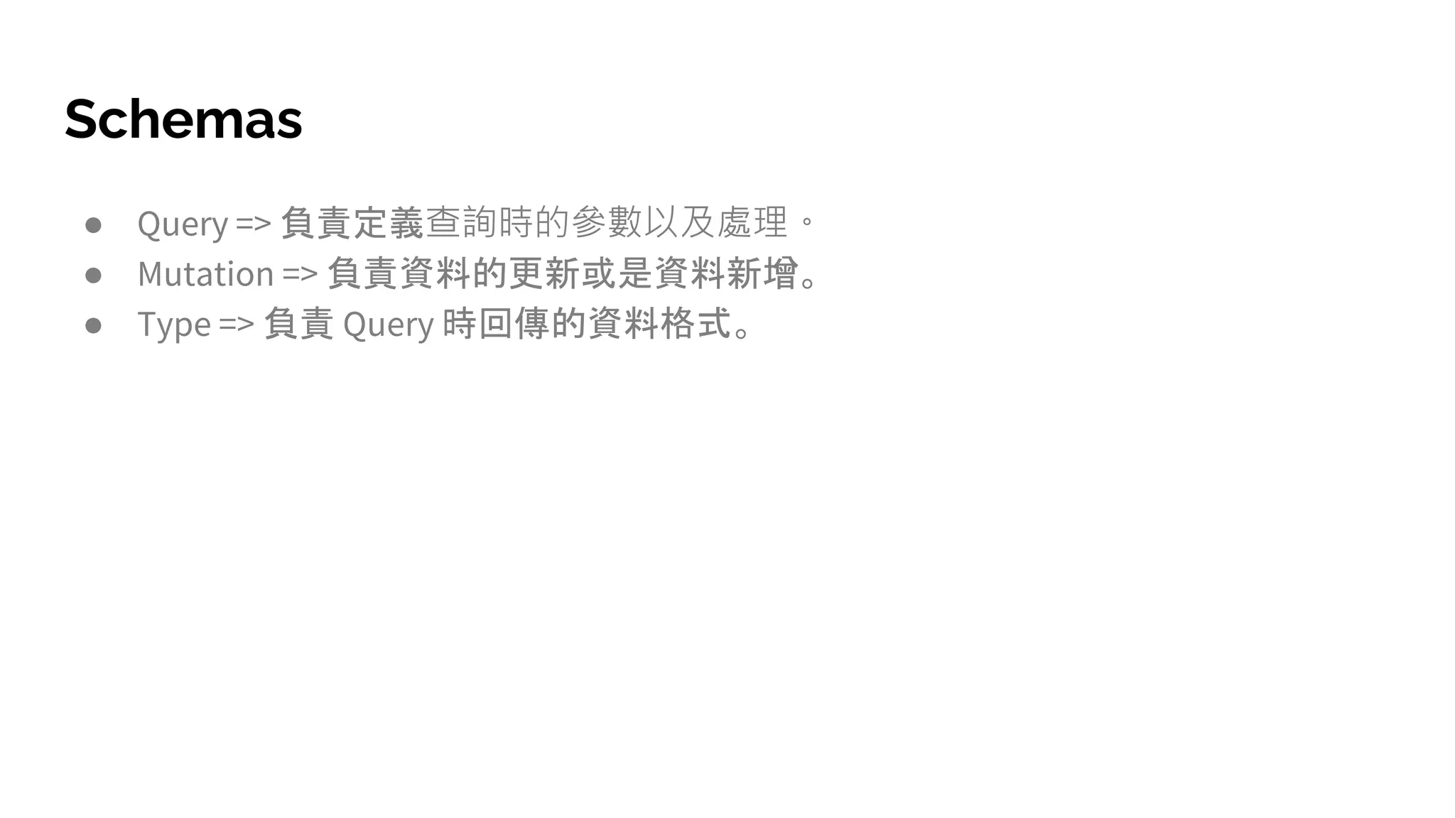 Schemas
● Query => 負責定義查詢時的參數以及處理。
● Mutation => 負責資料的更新或是資料新增。
● Type => 負責 Query 時回傳的資料格式。