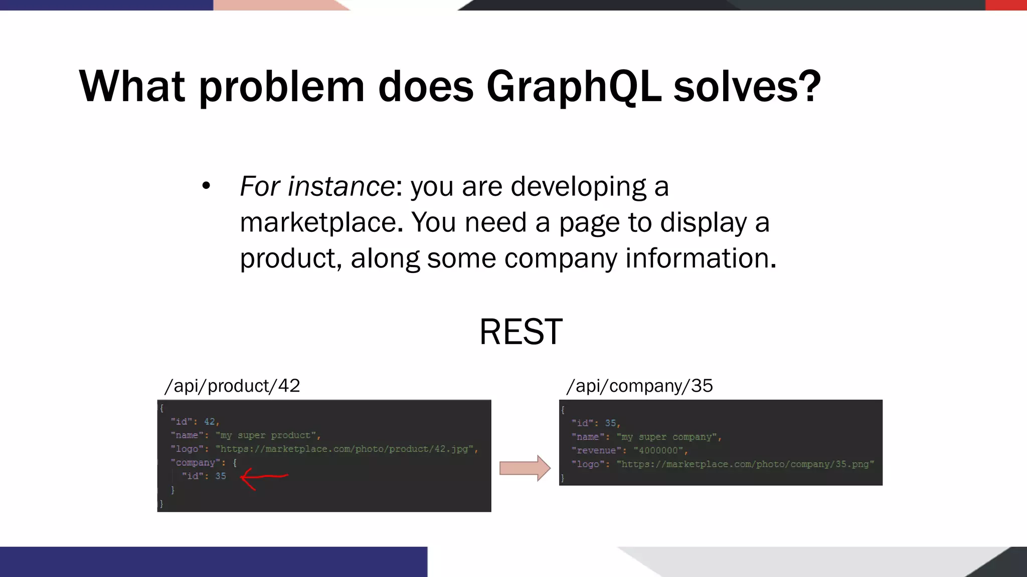 What problem does GraphQL solves? • For instance: you are developing a marketplace. You need a page to display a product, along some company information. /api/product/42 /api/company/35 REST 