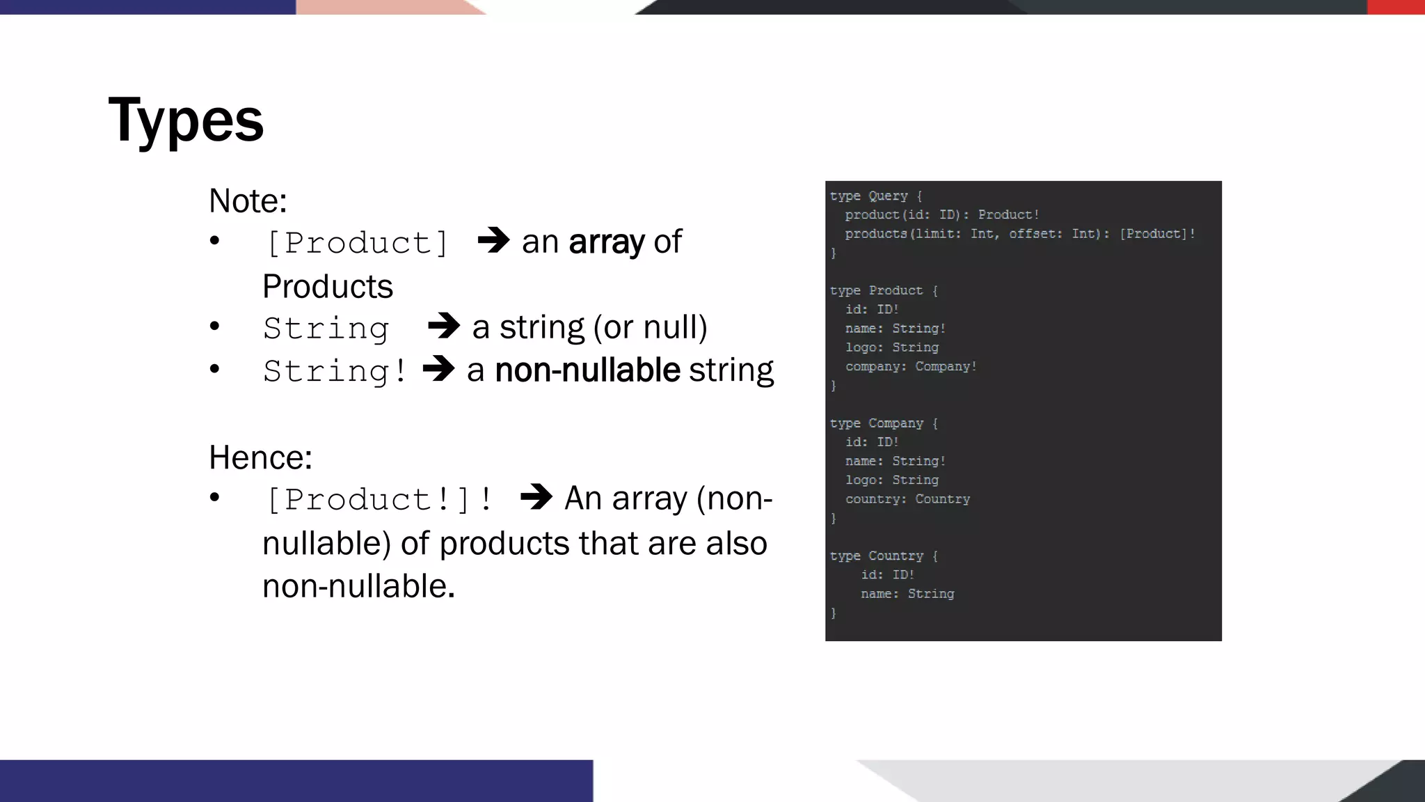 Types Note: • [Product] ➔ an array of Products • String ➔ a string (or null) • String! ➔ a non-nullable string Hence: • [Product!]! ➔ An array (non- nullable) of products that are also non-nullable. 