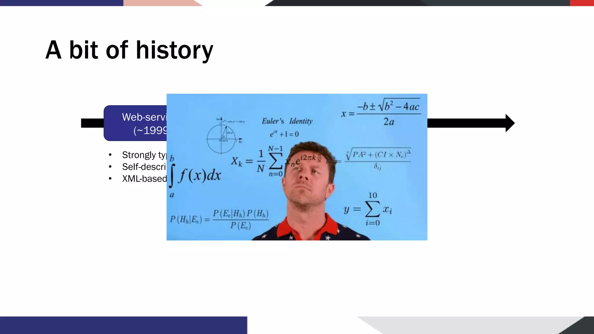 A bit of history Web-services (~1999) • Strongly typed • Self-describing (WSDL) • XML-based 
