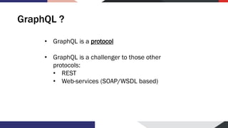 GraphQL ?
• GraphQL is a protocol
• GraphQL is a challenger to those other
protocols:
• REST
• Web-services (SOAP/WSDL bas...