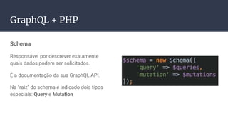 Schema
Responsável por descrever exatamente
quais dados podem ser solicitados.
É a documentação da sua GraphQL API.
Na "raiz" do schema é indicado dois tipos
especiais: Query e Mutation
GraphQL + PHP
 