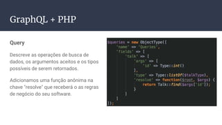 Query
Descreve as operações de busca de
dados, os argumentos aceitos e os tipos
possíveis de serem retornados.
Adicionamos uma função anônima na
chave "resolve" que receberá o as regras
de negócio do seu software.
GraphQL + PHP
 