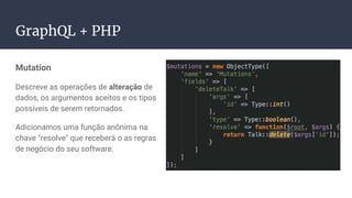 Mutation
Descreve as operações de alteração de
dados, os argumentos aceitos e os tipos
possíveis de serem retornados.
Adicionamos uma função anônima na
chave "resolve" que receberá o as regras
de negócio do seu software.
GraphQL + PHP
 