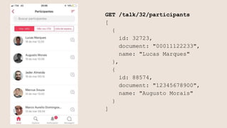 GET /talk/32/participants
[
{
id: 32723,
document: "00011122233",
name: "Lucas Marques"
},
{
id: 88574,
document: "12345678900",
name: "Augusto Morais"
}
]
 