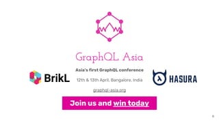 GraphQL Asia
graphql-asia.org
6
Asia's first GraphQL conference
12th & 13th April, Bangalore, India
Join us and win today
 