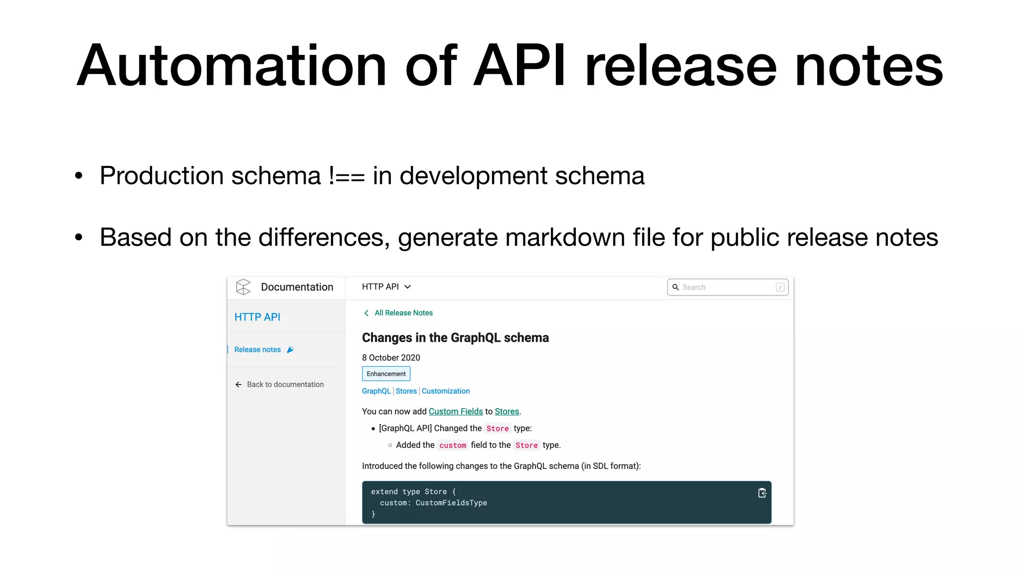 Automation of API release notes
• Production schema !== in development schema

• Based on the diﬀerences, generate markdown ﬁle for public release notes
 