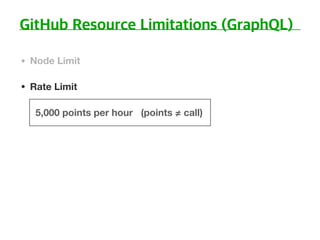 • Node Limit
• Rate Limit 
5,000 points per hour (points ≠ call)
 