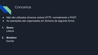 Conceitos
● Não são utilizados diversos verbos HTTP, normalmente o POST.
● As operações são organizadas em Schema da seguinte forma:
1. Query
Leitura
2. Mutation
Escrita
 