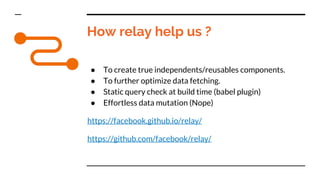 How relay help us ?
● To create true independents/reusables components.
● To further optimize data fetching.
● Static query check at build time (babel plugin)
● Effortless data mutation (Nope)
https://facebook.github.io/relay/
https://github.com/facebook/relay/
 