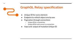 GraphQL Relay specification
● Unique ID for every element
● Endpoint to refetch object one by one
● Pagination through connections
○ Unique ID for a connection
○ Unique ID for each cursor in a connection
● Input and output of mutation Unique ID
 