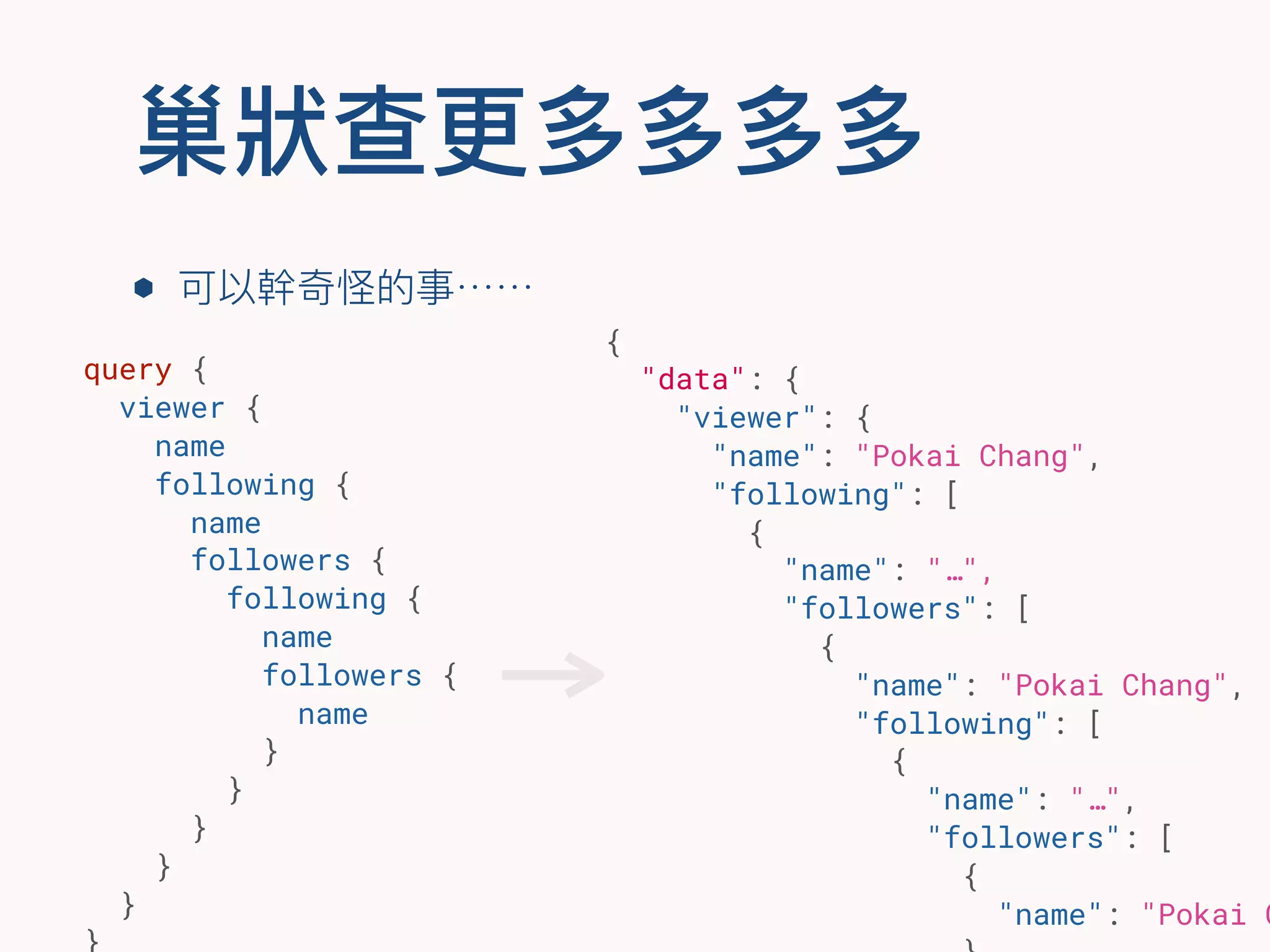 巢狀狀查更更多多多多
⬢ 可以幹奇怪的事⋯⋯
{
"data": {
"viewer": {
"name": "Pokai Chang",
"following": [
{
"name": "…",
"followers": [
{
"name": "Pokai Chang",
"following": [
{
"name": "…",
"followers": [
{
"name": "Pokai C
query {
viewer {
name
following {
name
followers {
following {
name
followers {
name
}
}
}
}
}
}
 