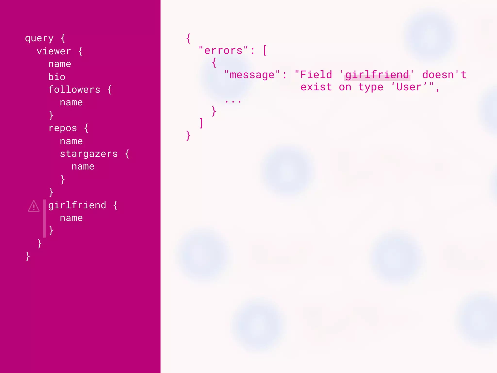 query {
viewer {
name
bio
followers {
name
}
repos {
name
stargazers {
name
}
}
girlfriend {
name
}
}
}
{
"errors": [
{
"message": "Field 'girlfriend' doesn't 
exist on type ‘User’",
...
}
]
}
'
 