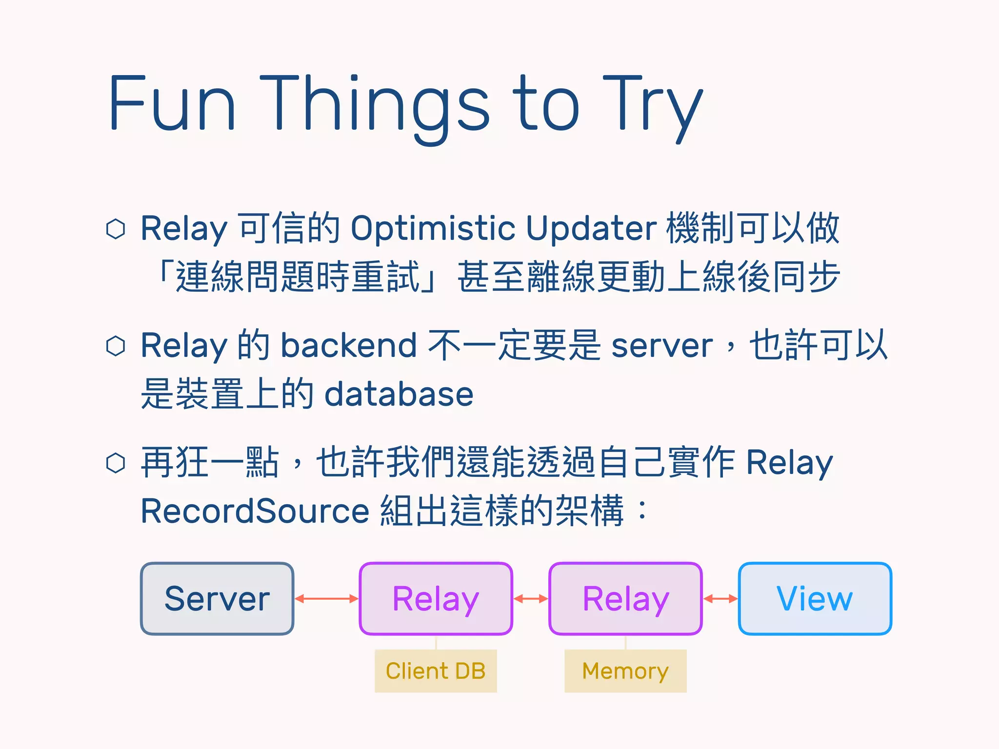 ⬡ Relay 可信的 Optimistic Updater 機制可以做
「連線問題時重試」甚⾄至離線更更動上線後同步
⬡ Relay 的 backend 不⼀一定要是 server，也許可以
是裝置上的 database
⬡ 再狂⼀一點，也許我們還能透過⾃自⼰己實作 Relay
RecordSource 組出這樣的架構：
Fun Things to Try
RelayRelay ViewServer
Client DB Memory
 
