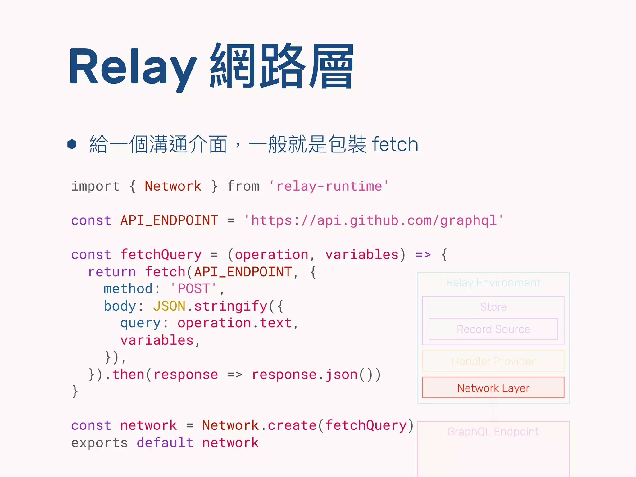 import { Network } from ‘relay-runtime'
const API_ENDPOINT = 'https://api.github.com/graphql'
const fetchQuery = (operation, variables) => {
return fetch(API_ENDPOINT, {
method: 'POST',
body: JSON.stringify({
query: operation.text,
variables,
}),
}).then(response => response.json())
}
const network = Network.create(fetchQuery)
exports default network
Relay 網路路層
⬢ 給⼀一個溝通介⾯面，⼀一般就是包裝 fetch
Relay Environment
Handler Provider
Network Layer
Store
Record Source
GraphQL Endpoint
 