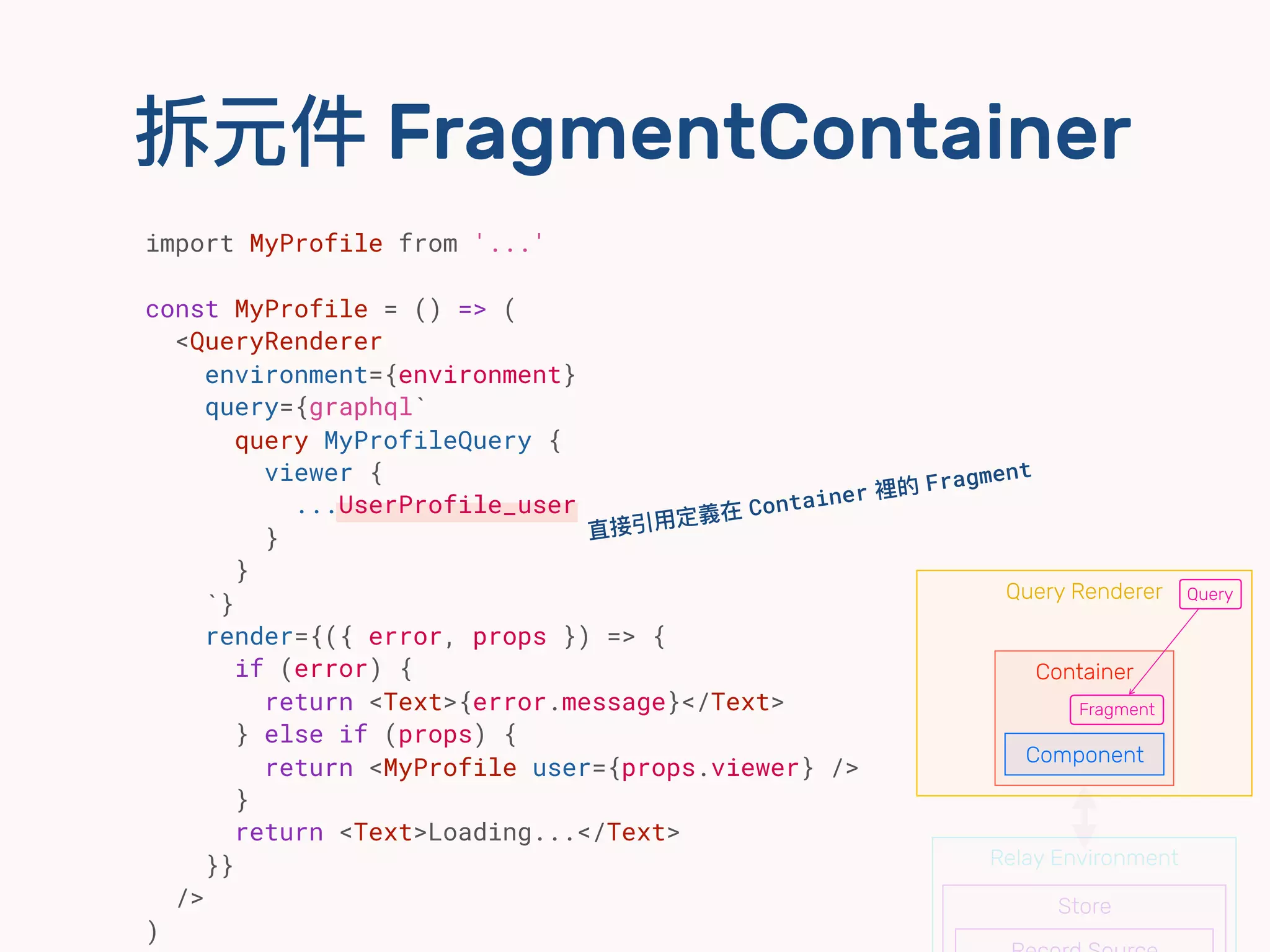 拆元件 FragmentContainer
直接引⽤用定義在 Container 裡的 Fragment
Relay Environment
Store
Query Renderer
Container
Component
Fragment
Query
import MyProfile from '...'
const MyProfile = () => (
<QueryRenderer
environment={environment}
query={graphql`
query MyProfileQuery {
viewer {
...UserProfile_user
}
}
`}
render={({ error, props }) => {
if (error) {
return <Text>{error.message}</Text>
} else if (props) {
return <MyProfile user={props.viewer} />
}
return <Text>Loading...</Text>
}}
/>
)
 