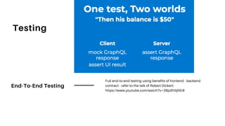 End-To-End Testing
Full end-to-end testing using benefits of frontend - backend
contract - refer to the talk of Robert Dickert:
https://www.youtube.com/watch?v=3Bpdh5j05r8
Testing
 