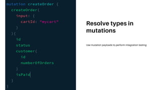 Resolve types in
mutations
Use mutation payloads to perform integration testing
 