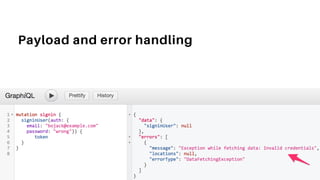 Return meta data Use mutation payloads to return meta data, error handling
Payload and error handling
 