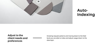Auto-
Indexing
Adjust to the
client needs and
preferences
Knowing request patterns and tracing down to the field
level you are able to index and adjust usage down to the
data layer.
 