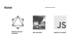 Note!
Baised towards
GraphQL
Not scientific Mostly JS related
 