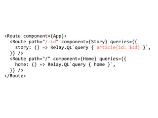 Relay Modern
• Found Relay - 0.3.0-alpha.9

• <QueryRenderer	/> is not
isomorphic

• custom fetch( ) +
QueryResponseCache
 