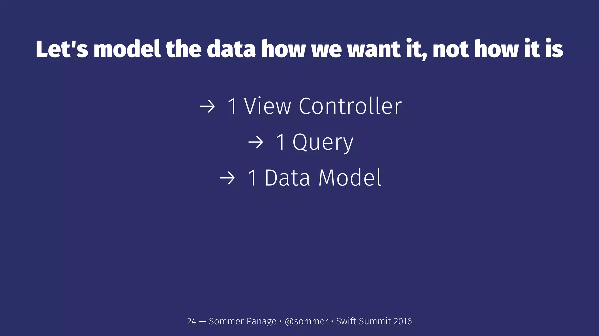 Let's model the data how we want it, not how it is
→ 1 View Controller
→ 1 Query
→ 1 Data Model
24 — Sommer Panage • @sommer • Swift Summit 2016
 