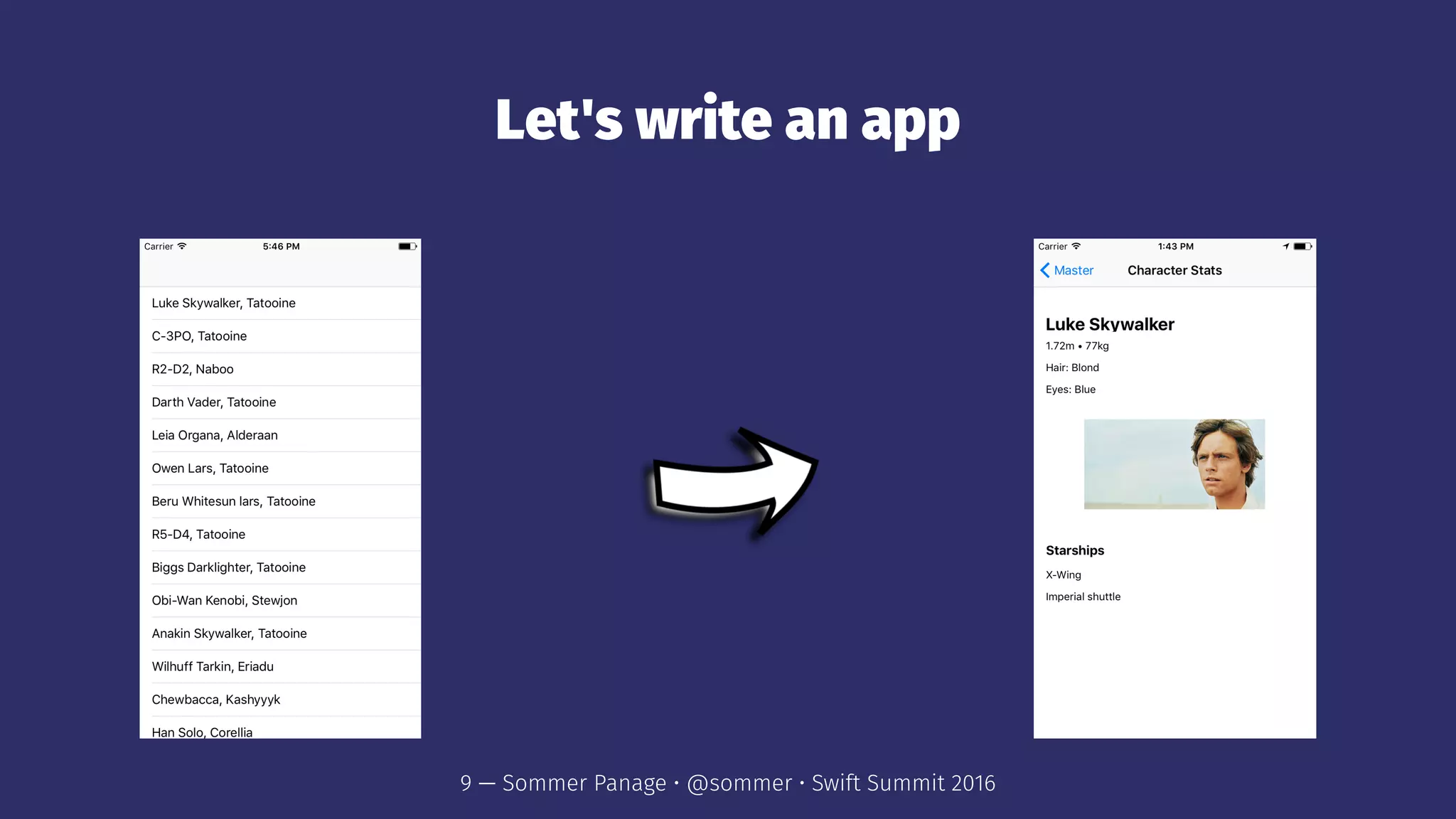 Let's write an app
9 — Sommer Panage • @sommer • Swift Summit 2016
 