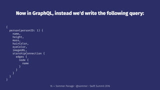 Now in GraphQL, instead we'd write the following query:
{
person(personID: 1) {
name,
height,
mass,
hairColor,
eyeColor,
imageURL,
starshipConnection {
edges {
node {
name
}
}
}
}
}
16 — Sommer Panage • @sommer • Swift Summit 2016
 