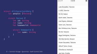 struct AllCharactersData {
let people: [Person]
struct Person {
let id: String
let name: String
let homeworld: Homeworld
struct Homeworld {
let name: String
}
}
}
27 — Sommer Panage • @sommer • Swift Summit 2016
 