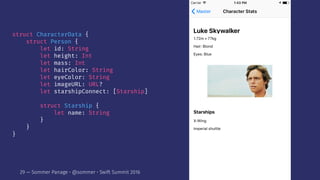 struct CharacterData {
struct Person {
let id: String
let height: Int
let mass: Int
let hairColor: String
let eyeColor: String
let imageURL: URL?
let starshipConnect: [Starship]
struct Starship {
let name: String
}
}
}
29 — Sommer Panage • @sommer • Swift Summit 2016
 