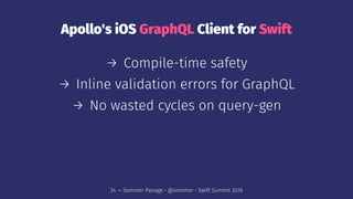 Apollo's iOS GraphQL Client for Swift
→ Compile-time safety
→ Inline validation errors for GraphQL
→ No wasted cycles on query-gen
34 — Sommer Panage • @sommer • Swift Summit 2016
 