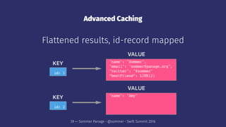 Advanced Caching
Flattened results, id-record mapped
39 — Sommer Panage • @sommer • Swift Summit 2016
 