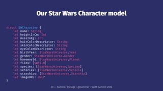 Our Star Wars Character model
struct SWCharacter {
let name: String
let heightInCm: Int
let massInKg: Int
let hairColorDes...