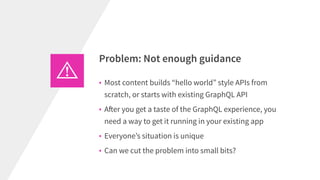 • Most content builds “hello world” style APIs from
scratch, or starts with existing GraphQL API
• After you get a taste of the GraphQL experience, you
need a way to get it running in your existing app
• Everyone’s situation is unique
• Can we cut the problem into small bits?
Problem: Not enough guidance
 