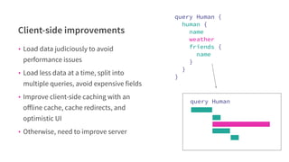 Client-side improvements
• Load data judiciously to avoid
performance issues
• Load less data at a time, split into
multiple queries, avoid expensive fields
• Improve client-side caching with an
oﬀline cache, cache redirects, and
optimistic UI
• Otherwise, need to improve server
query Human {
human {
name
weather
friends {
name
}
}
}
query Human
 