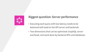 Biggest question: Server performance
• Executing each query with low latency needs to be
balanced with load on the API server and backends
• Two dimensions that can be optimized: GraphQL server
overhead, and work done by backend APIs and databases
 