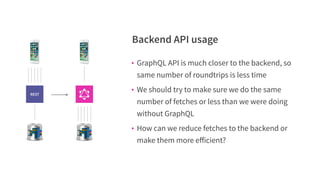 Backend API usage
• GraphQL API is much closer to the backend, so
same number of roundtrips is less time
• We should try to make sure we do the same
number of fetches or less than we were doing
without GraphQL
• How can we reduce fetches to the backend or
make them more eﬀicient?
REST
 