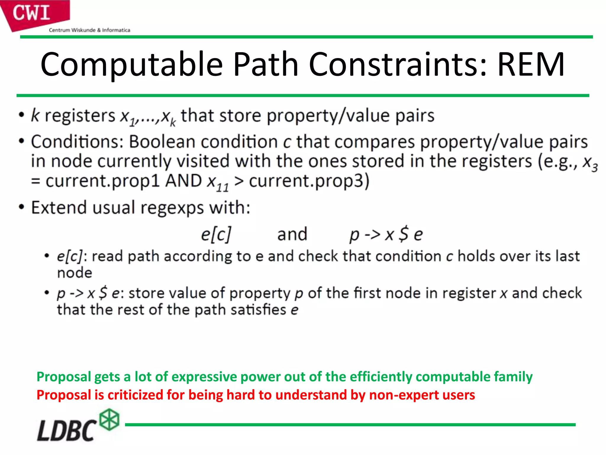 Computable Path Constraints: REM
Proposal gets a lot of expressive power out of the efficiently computable family
Proposal is criticized for being hard to understand by non-expert users
 