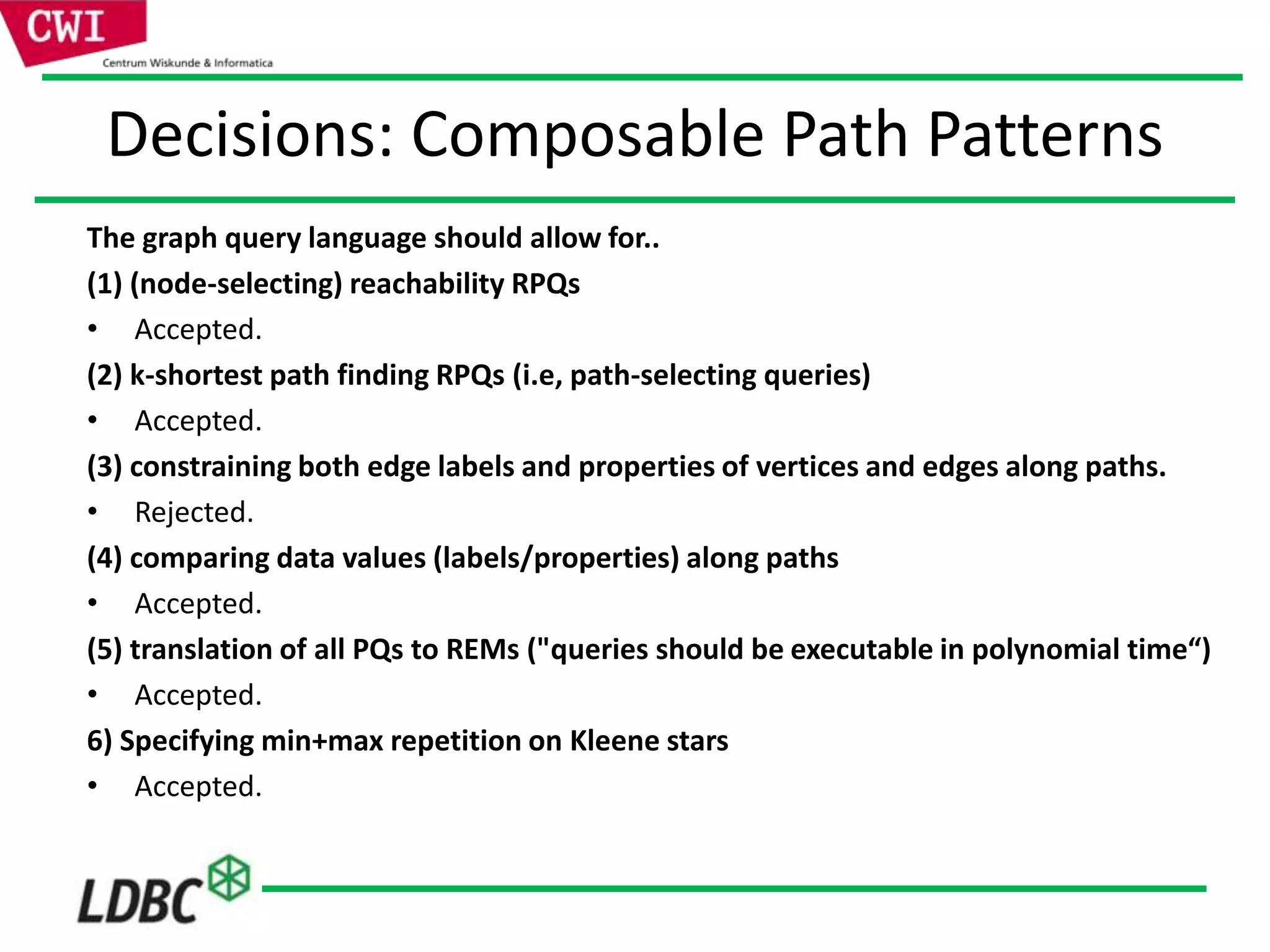 Decisions: Composable Path Patterns
The graph query language should allow for..
(1) (node-selecting) reachability RPQs
• Accepted.
(2) k-shortest path finding RPQs (i.e, path-selecting queries)
• Accepted.
(3) constraining both edge labels and properties of vertices and edges along paths.
• Rejected.
(4) comparing data values (labels/properties) along paths
• Accepted.
(5) translation of all PQs to REMs ("queries should be executable in polynomial time“)
• Accepted.
6) Specifying min+max repetition on Kleene stars
• Accepted.
 