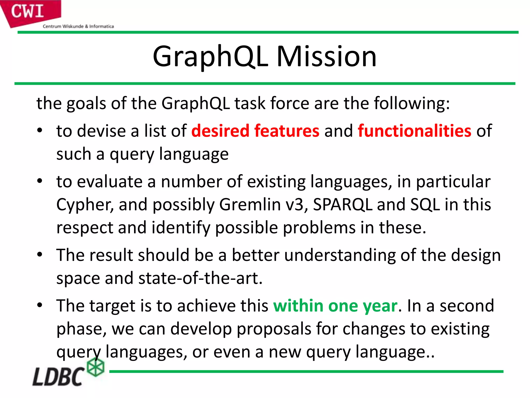 GraphQL Mission
the goals of the GraphQL task force are the following:
• to devise a list of desired features and functionalities of
such a query language
• to evaluate a number of existing languages, in particular
Cypher, and possibly Gremlin v3, SPARQL and SQL in this
respect and identify possible problems in these.
• The result should be a better understanding of the design
space and state-of-the-art.
• The target is to achieve this within one year. In a second
phase, we can develop proposals for changes to existing
query languages, or even a new query language..
 
