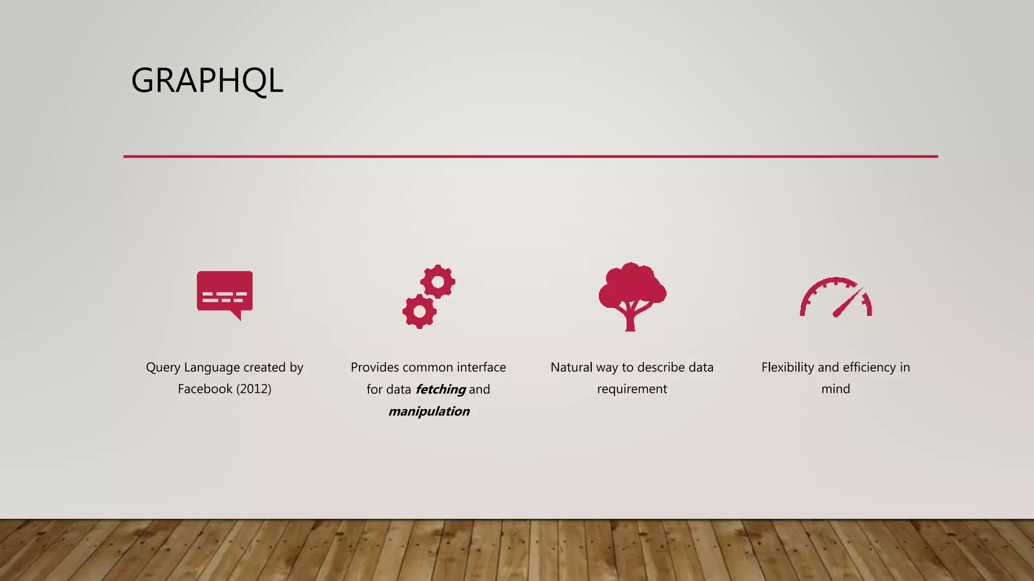 GRAPHQL
Query Language created by
Facebook (2012)
Provides common interface
for data fetching and
manipulation
Natural way to describe data
requirement
Flexibility and efficiency in
mind