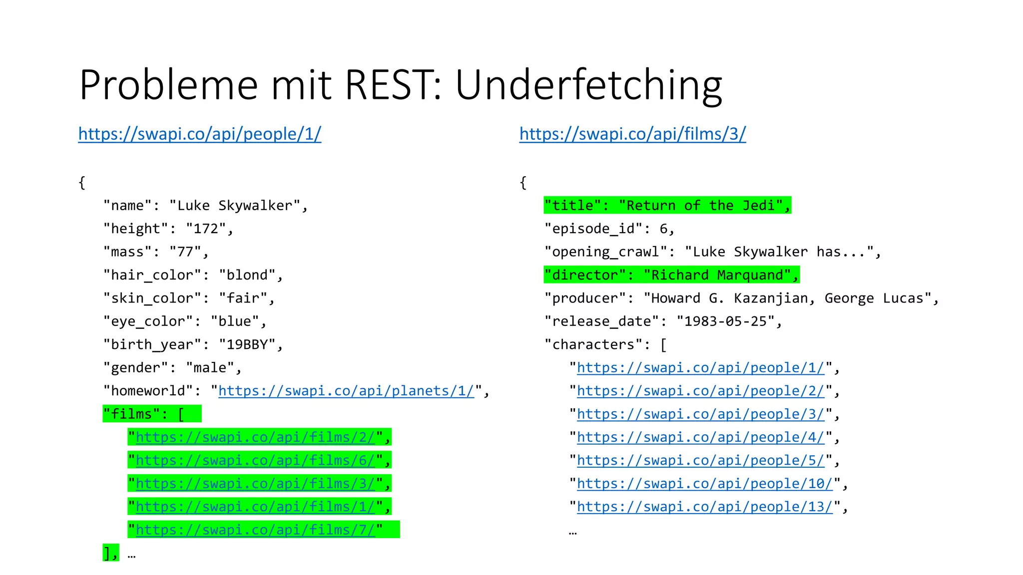 Probleme mit REST: Underfetching
https://swapi.co/api/people/1/
{
"name": "Luke Skywalker",
"height": "172",
"mass": "77",
"hair_color": "blond",
"skin_color": "fair",
"eye_color": "blue",
"birth_year": "19BBY",
"gender": "male",
"homeworld": "https://swapi.co/api/planets/1/",
"films": [
"https://swapi.co/api/films/2/",
"https://swapi.co/api/films/6/",
"https://swapi.co/api/films/3/",
"https://swapi.co/api/films/1/",
"https://swapi.co/api/films/7/"
], …
https://swapi.co/api/films/3/
{
"title": "Return of the Jedi",
"episode_id": 6,
"opening_crawl": "Luke Skywalker has...",
"director": "Richard Marquand",
"producer": "Howard G. Kazanjian, George Lucas",
"release_date": "1983-05-25",
"characters": [
"https://swapi.co/api/people/1/",
"https://swapi.co/api/people/2/",
"https://swapi.co/api/people/3/",
"https://swapi.co/api/people/4/",
"https://swapi.co/api/people/5/",
"https://swapi.co/api/people/10/",
"https://swapi.co/api/people/13/",
…
 