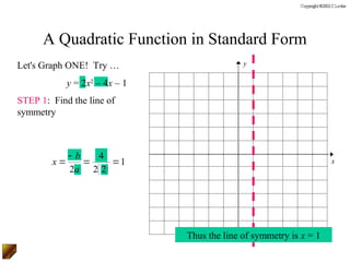 A Quadratic Function in Standard Form
Let's Graph ONE! Try …                        y

             y = 2x2 – 4x – 1
STEP 1: Find the line of
symmetry



             -b   4
        x=      =     =1                                             x
             2a 2( 2)




                                Thus the line of symmetry is x = 1
 