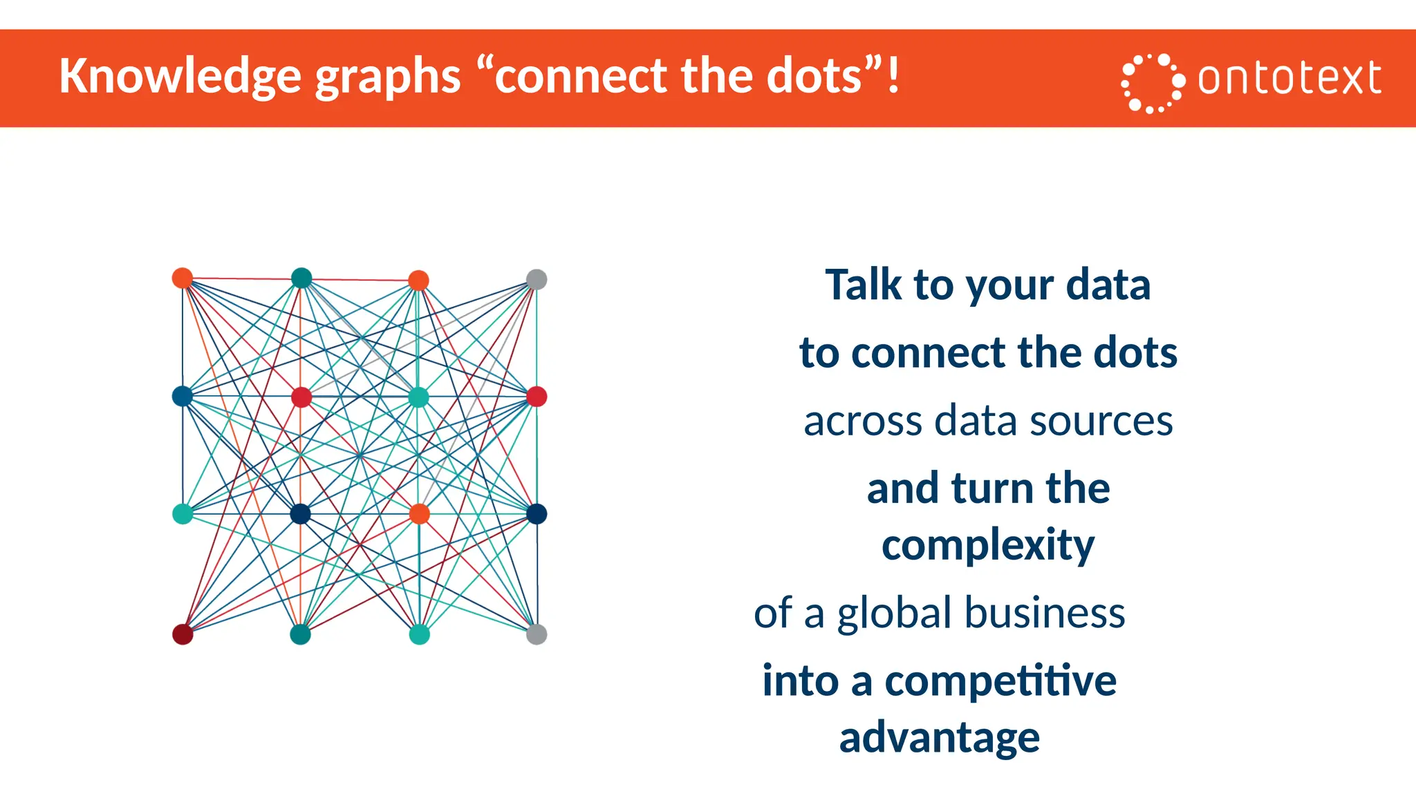 Knowledge graphs “connect the dots”!
Talk to your data
to connect the dots
across data sources
and turn the
complexity
of a global business
into a competitive
advantage
 