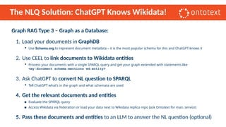 The NLQ Solution: ChatGPT Knows Wikidata!
Graph RAG Type 3 – Graph as a Database:
1. Load your documents in GraphDB
▪ Use Schema.org to represent document metadata – it is the most popular schema for this and ChatGPT knows it
2. Use CEEL to link documents to Wikidata entities
▪ Process your documents with a single SPARQL query and get your graph extended with statements like
<my:document schema:mentions wd:entity>
3. Ask ChatGPT to convert NL question to SPARQL
▪ Tell ChatGPT what’s in the graph and what schemata are used
4. Get the relevant documents and entities
▪ Evaluate the SPARQL query
▪ Access Wikidata via federation or load your data next to Wikidata replica repo (ask Ontotext for man. service)
5. Pass these documents and entities to an LLM to answer the NL question (optional)
 